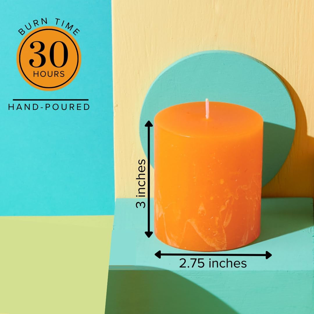 3X3 Inch Orange Pillar Candles - Fall Pillar Candles Set of 3, Rustic Texture, Unscented, Dripless