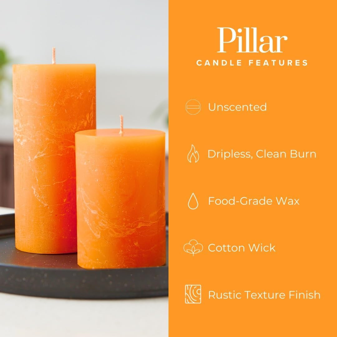 3X3 Inch Orange Pillar Candles - Fall Pillar Candles Set of 3, Rustic Texture, Unscented, Dripless