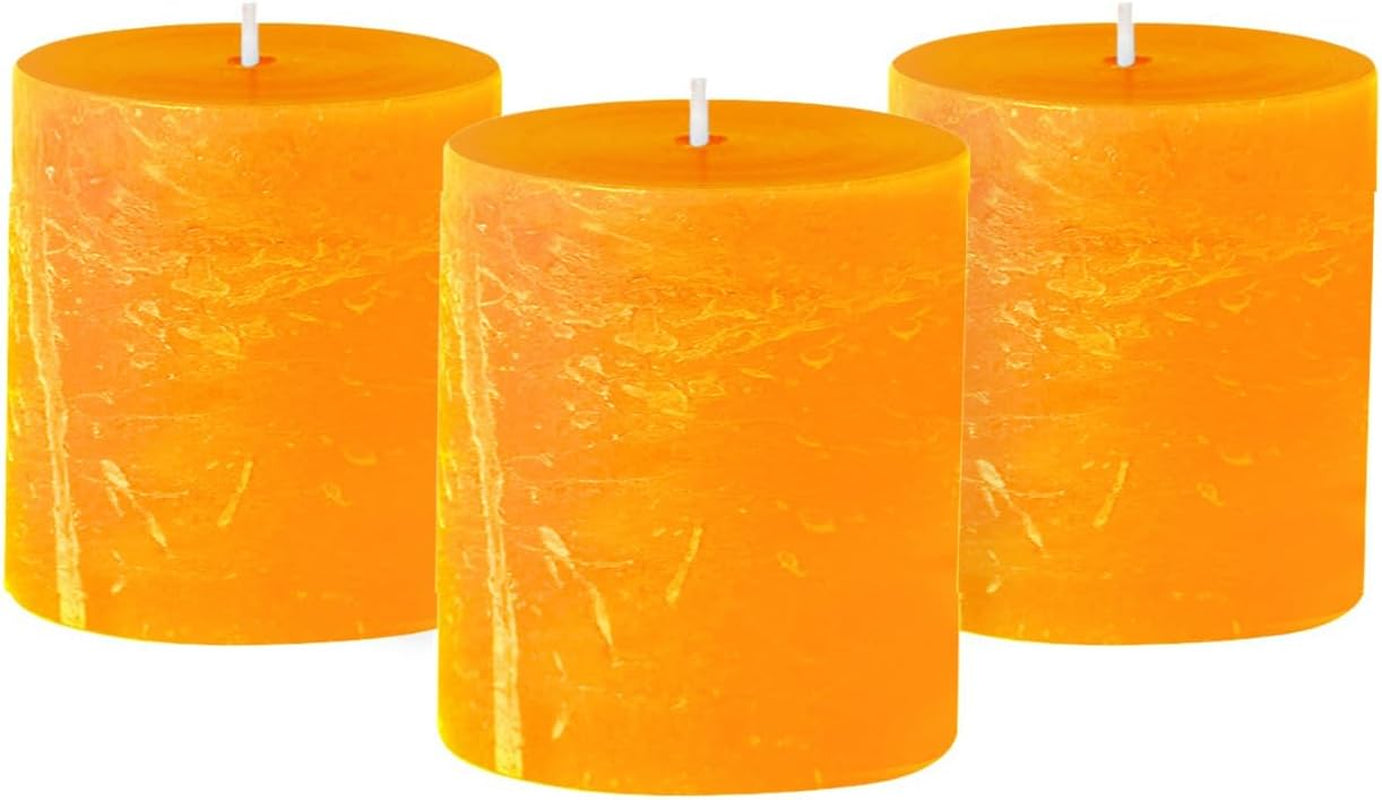 3X3 Inch Orange Pillar Candles - Fall Pillar Candles Set of 3, Rustic Texture, Unscented, Dripless
