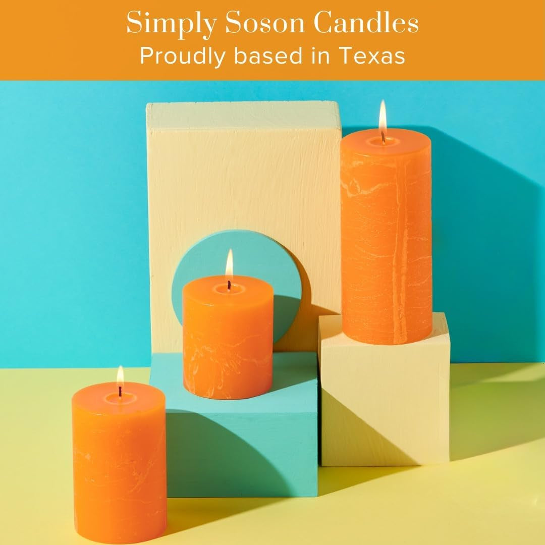 3X3 Inch Orange Pillar Candles - Fall Pillar Candles Set of 3, Rustic Texture, Unscented, Dripless